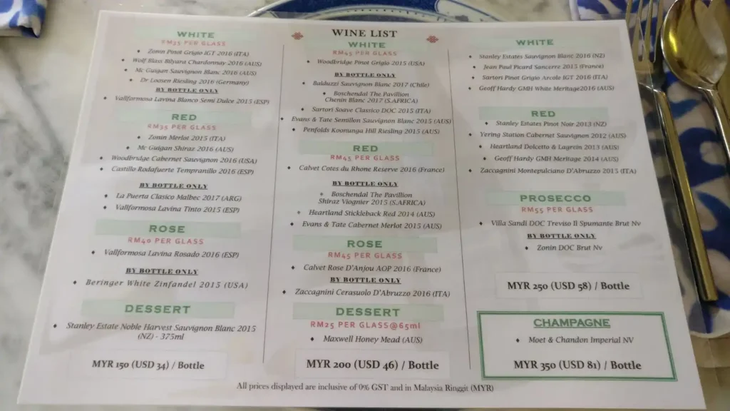 Kebaya Dining Room Malaysia Menu 