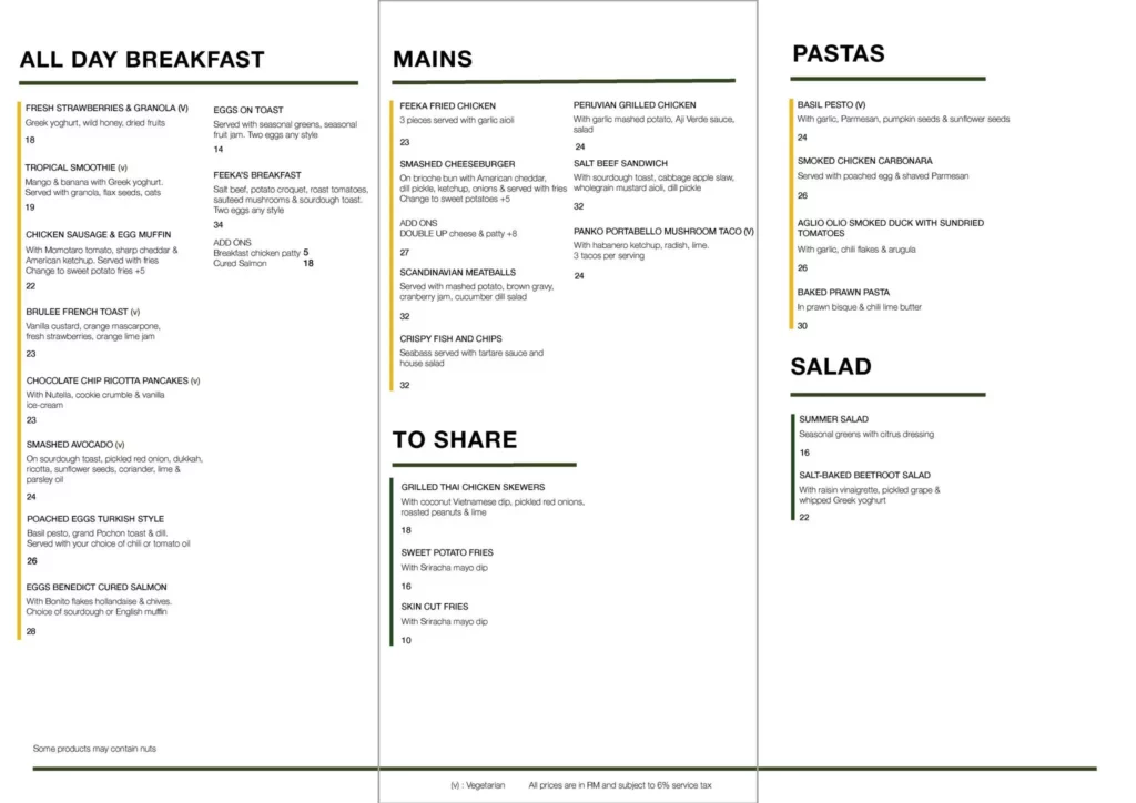 MENU FEEKA BURGERS & SANDWICHES PRICES