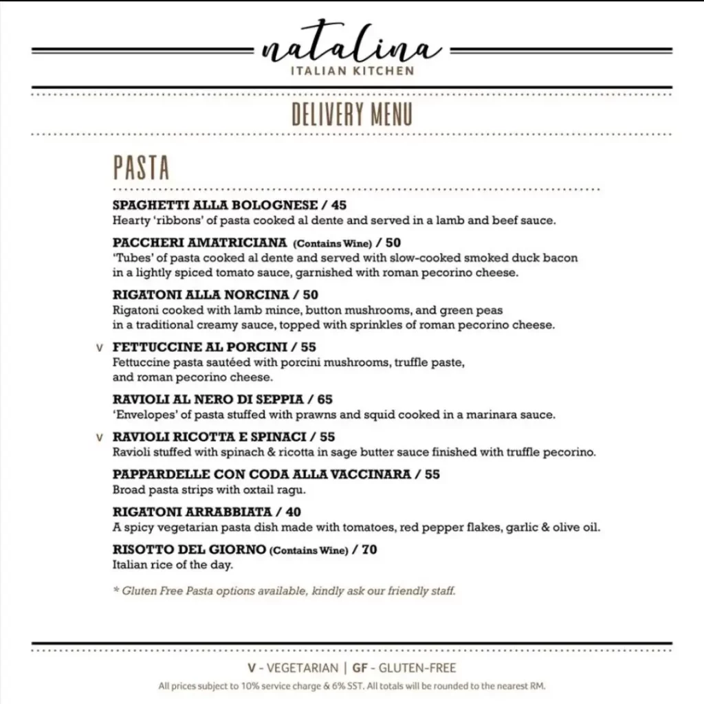 Natalina Malaysia Menu prices 