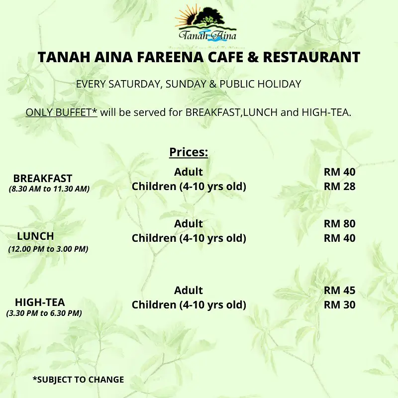 Tanah Aina Malaysia Menu Prices 