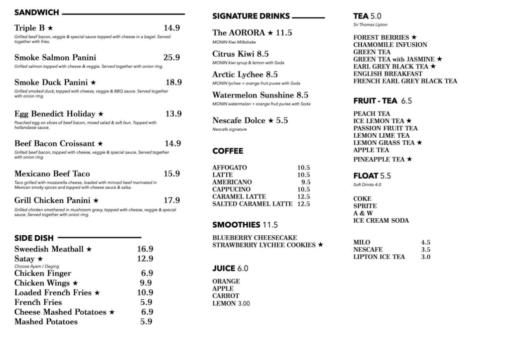 AORORA SIGNATURE DRINKS MENU PRICES