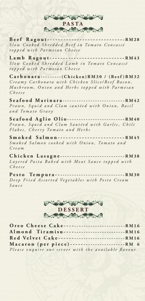 Ame Soeur Pasta & Desserts menu