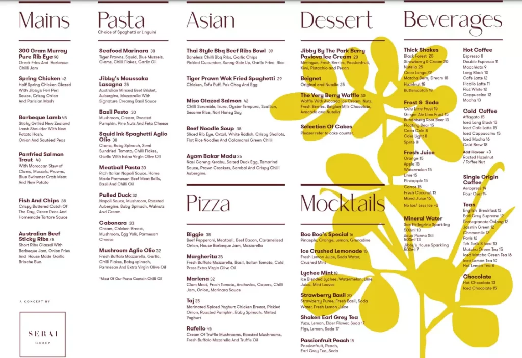 JIBBY BY THE PARK ASIAN MENU PRICES