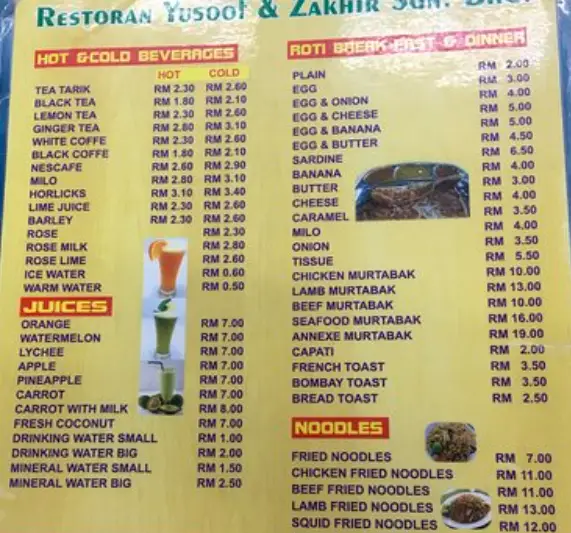 RESTORAN YUSOOF & ZAKHIR MALAYSIA MENU PRICES 