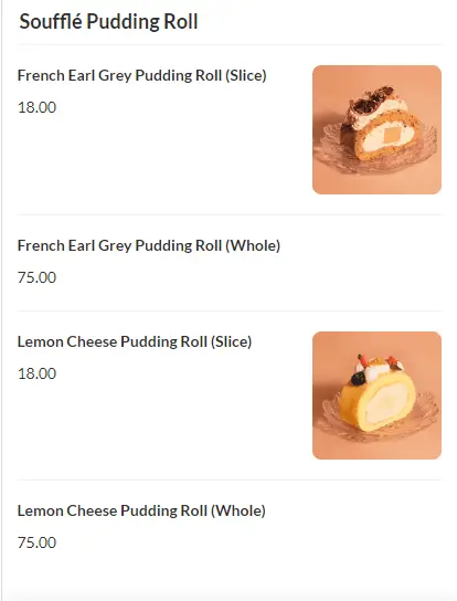 FLAON SOUFFLE PUDDING ROLL MENU WITH PRICES